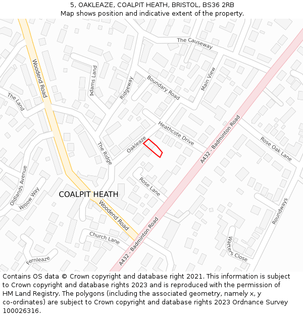 5, OAKLEAZE, COALPIT HEATH, BRISTOL, BS36 2RB: Location map and indicative extent of plot
