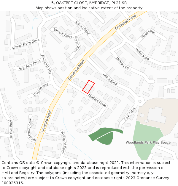 5, OAKTREE CLOSE, IVYBRIDGE, PL21 9RJ: Location map and indicative extent of plot