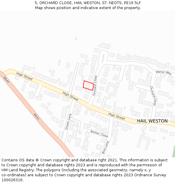 5, ORCHARD CLOSE, HAIL WESTON, ST NEOTS, PE19 5LF: Location map and indicative extent of plot