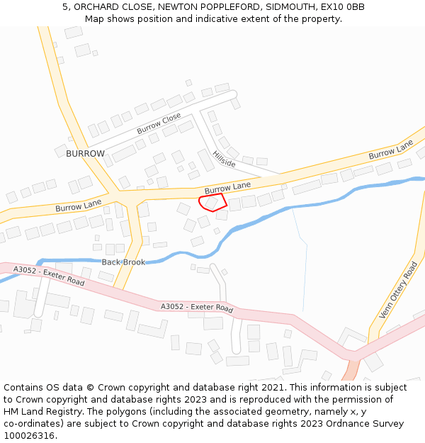 5, ORCHARD CLOSE, NEWTON POPPLEFORD, SIDMOUTH, EX10 0BB: Location map and indicative extent of plot