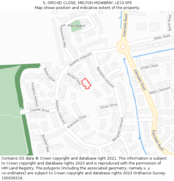 5, ORCHID CLOSE, MELTON MOWBRAY, LE13 0FE: Location map and indicative extent of plot