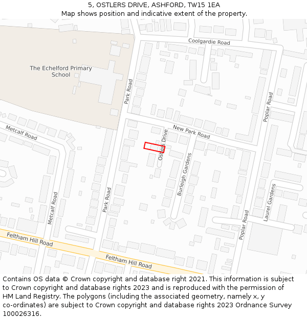 5, OSTLERS DRIVE, ASHFORD, TW15 1EA: Location map and indicative extent of plot