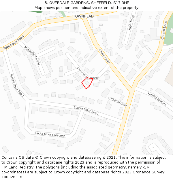 5, OVERDALE GARDENS, SHEFFIELD, S17 3HE: Location map and indicative extent of plot
