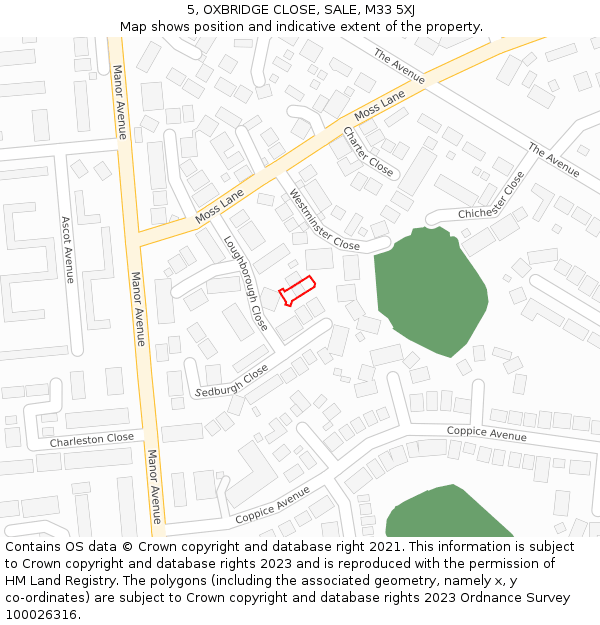 5, OXBRIDGE CLOSE, SALE, M33 5XJ: Location map and indicative extent of plot