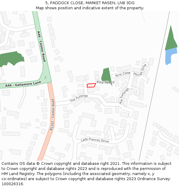 5, PADDOCK CLOSE, MARKET RASEN, LN8 3DG: Location map and indicative extent of plot