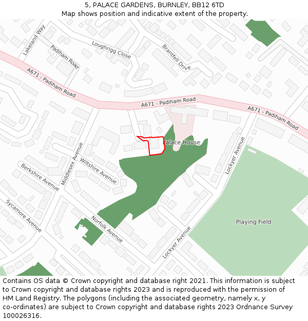 5, PALACE GARDENS, BURNLEY, BB12 6TD: Location map and indicative extent of plot