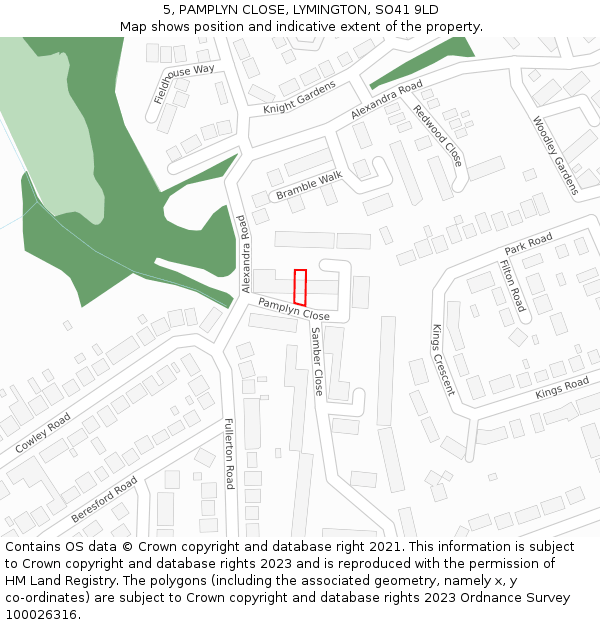 5, PAMPLYN CLOSE, LYMINGTON, SO41 9LD: Location map and indicative extent of plot