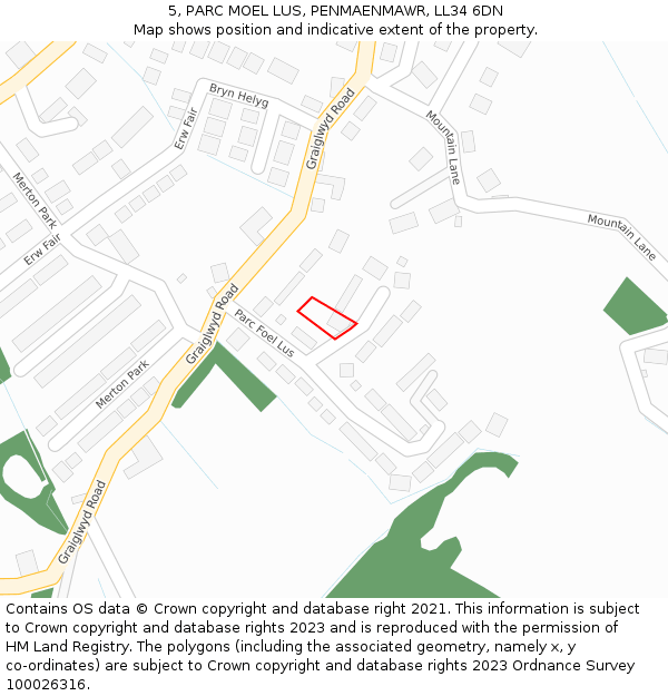 5, PARC MOEL LUS, PENMAENMAWR, LL34 6DN: Location map and indicative extent of plot
