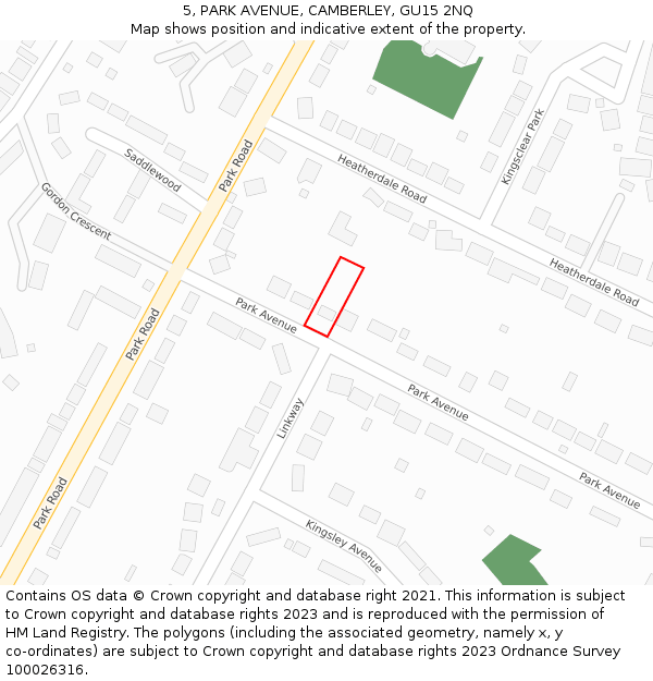 5, PARK AVENUE, CAMBERLEY, GU15 2NQ: Location map and indicative extent of plot