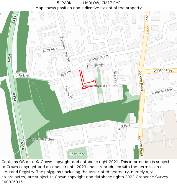5, PARK HILL, HARLOW, CM17 0AE: Location map and indicative extent of plot