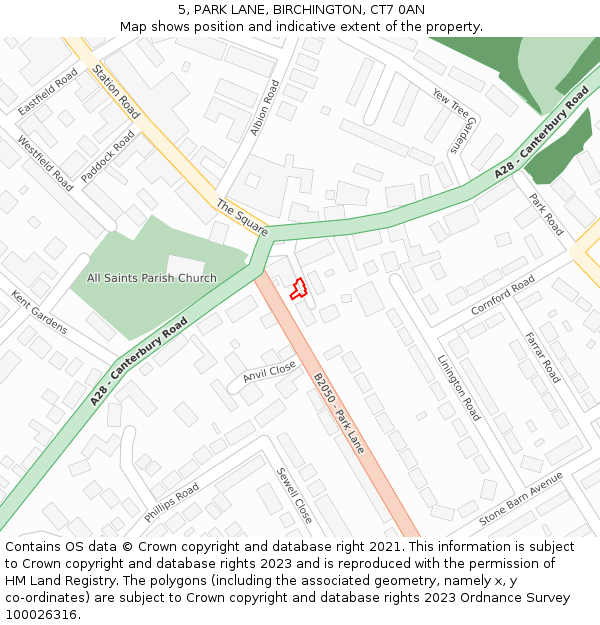 5, PARK LANE, BIRCHINGTON, CT7 0AN: Location map and indicative extent of plot