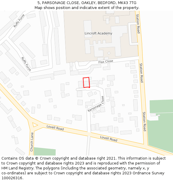 5, PARSONAGE CLOSE, OAKLEY, BEDFORD, MK43 7TG: Location map and indicative extent of plot