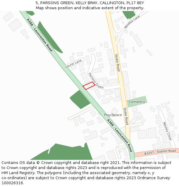 5, PARSONS GREEN, KELLY BRAY, CALLINGTON, PL17 8EY: Location map and indicative extent of plot