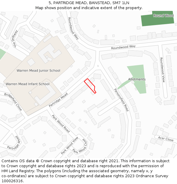 5, PARTRIDGE MEAD, BANSTEAD, SM7 1LN: Location map and indicative extent of plot