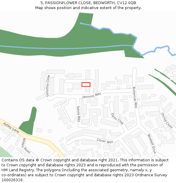 5, PASSIONFLOWER CLOSE, BEDWORTH, CV12 0QB: Location map and indicative extent of plot