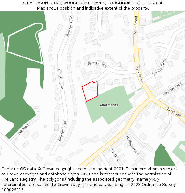 5, PATERSON DRIVE, WOODHOUSE EAVES, LOUGHBOROUGH, LE12 8RL: Location map and indicative extent of plot