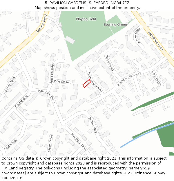 5, PAVILION GARDENS, SLEAFORD, NG34 7FZ: Location map and indicative extent of plot