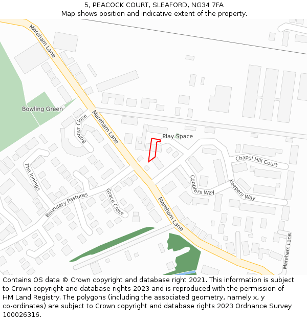 5, PEACOCK COURT, SLEAFORD, NG34 7FA: Location map and indicative extent of plot