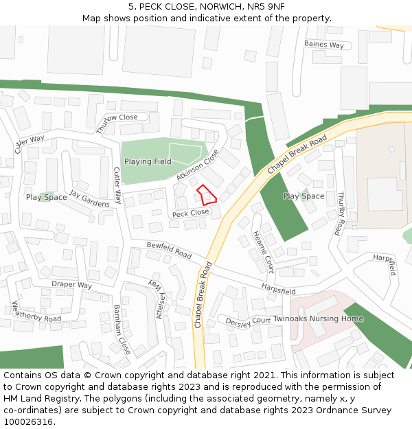 5, PECK CLOSE, NORWICH, NR5 9NF: Location map and indicative extent of plot