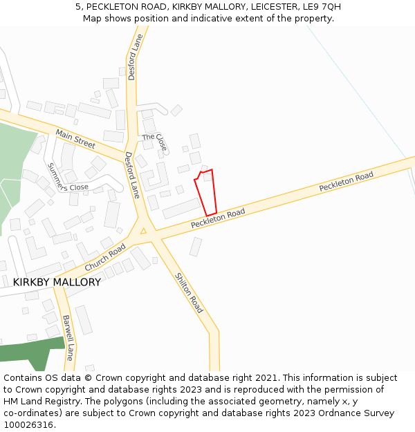 5, PECKLETON ROAD, KIRKBY MALLORY, LEICESTER, LE9 7QH: Location map and indicative extent of plot