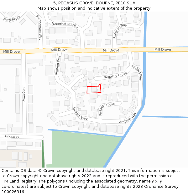 5, PEGASUS GROVE, BOURNE, PE10 9UA: Location map and indicative extent of plot