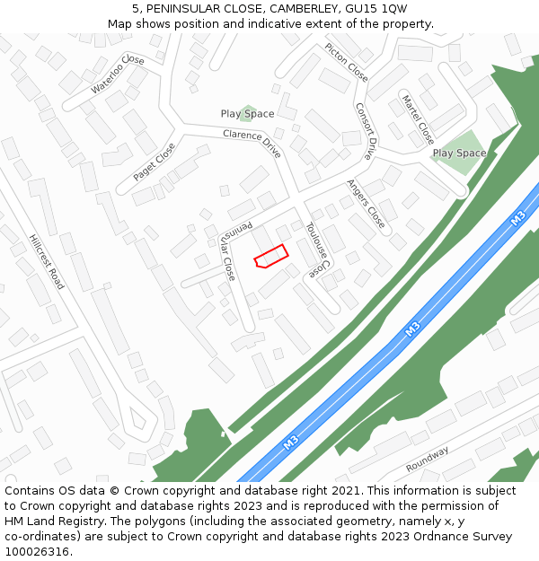 5, PENINSULAR CLOSE, CAMBERLEY, GU15 1QW: Location map and indicative extent of plot