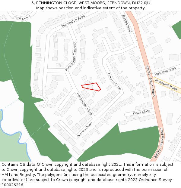 5, PENNINGTON CLOSE, WEST MOORS, FERNDOWN, BH22 0JU: Location map and indicative extent of plot