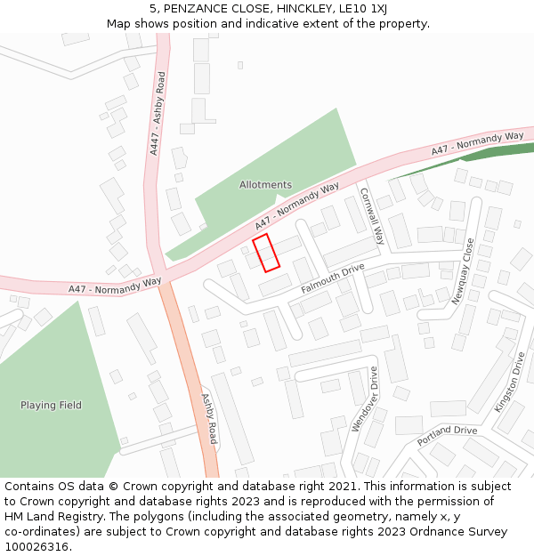 5, PENZANCE CLOSE, HINCKLEY, LE10 1XJ: Location map and indicative extent of plot