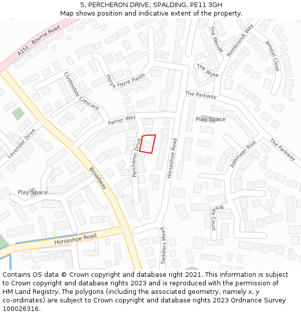 5, PERCHERON DRIVE, SPALDING, PE11 3GH: Location map and indicative extent of plot