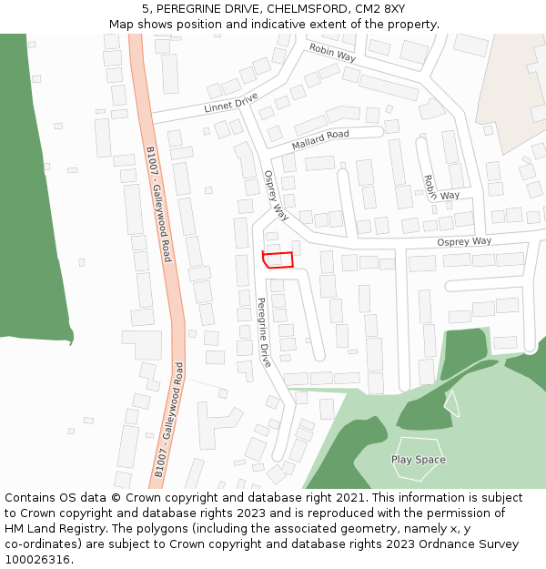 5, PEREGRINE DRIVE, CHELMSFORD, CM2 8XY: Location map and indicative extent of plot