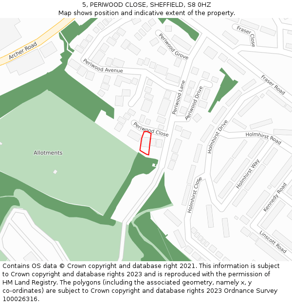 5, PERIWOOD CLOSE, SHEFFIELD, S8 0HZ: Location map and indicative extent of plot