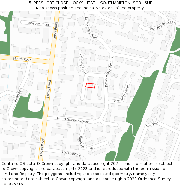 5, PERSHORE CLOSE, LOCKS HEATH, SOUTHAMPTON, SO31 6UF: Location map and indicative extent of plot