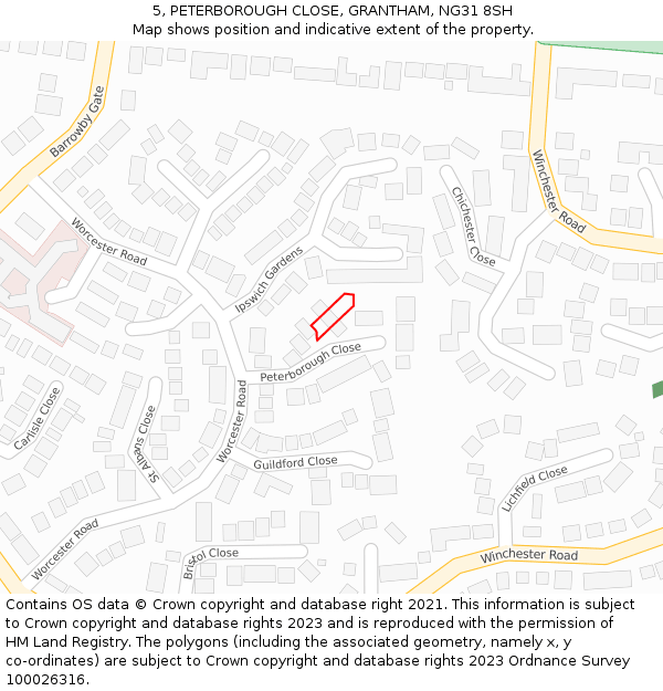 5, PETERBOROUGH CLOSE, GRANTHAM, NG31 8SH: Location map and indicative extent of plot