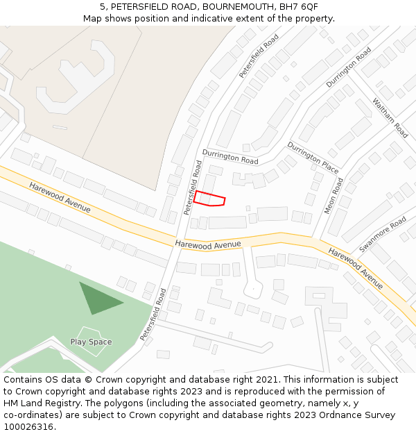5, PETERSFIELD ROAD, BOURNEMOUTH, BH7 6QF: Location map and indicative extent of plot