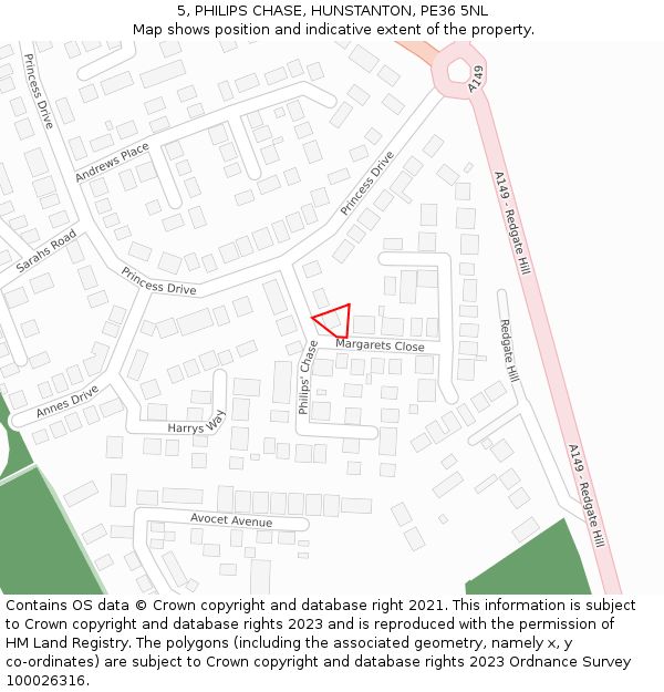 5, PHILIPS CHASE, HUNSTANTON, PE36 5NL: Location map and indicative extent of plot