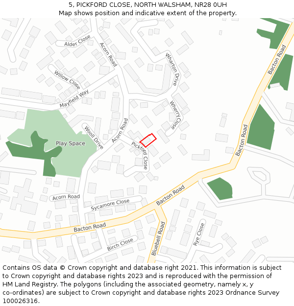 5, PICKFORD CLOSE, NORTH WALSHAM, NR28 0UH: Location map and indicative extent of plot