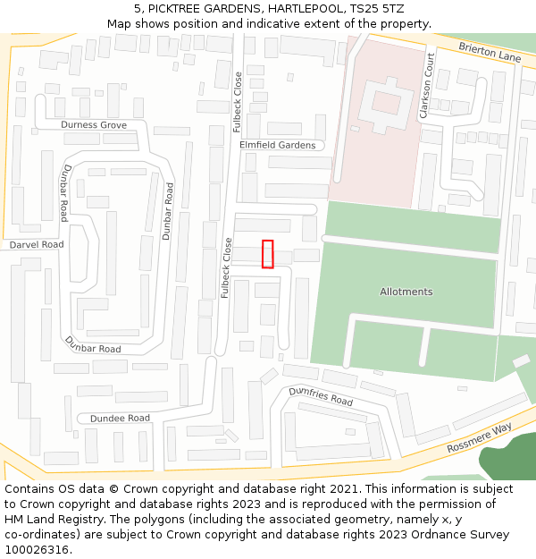 5, PICKTREE GARDENS, HARTLEPOOL, TS25 5TZ: Location map and indicative extent of plot