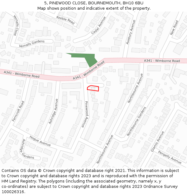 5, PINEWOOD CLOSE, BOURNEMOUTH, BH10 6BU: Location map and indicative extent of plot