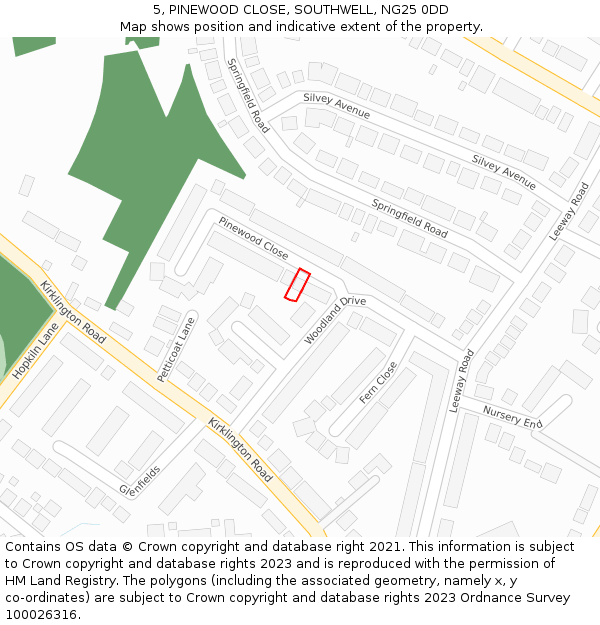 5, PINEWOOD CLOSE, SOUTHWELL, NG25 0DD: Location map and indicative extent of plot