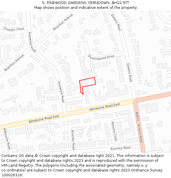 5, PINEWOOD GARDENS, FERNDOWN, BH22 9TT: Location map and indicative extent of plot