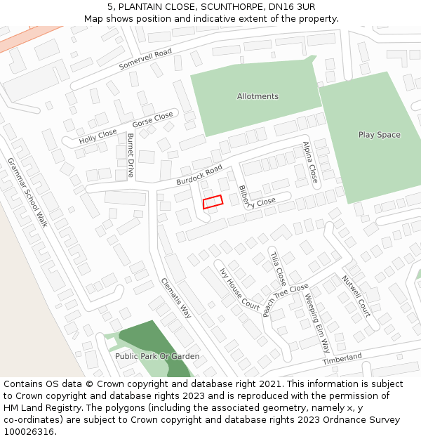 5, PLANTAIN CLOSE, SCUNTHORPE, DN16 3UR: Location map and indicative extent of plot