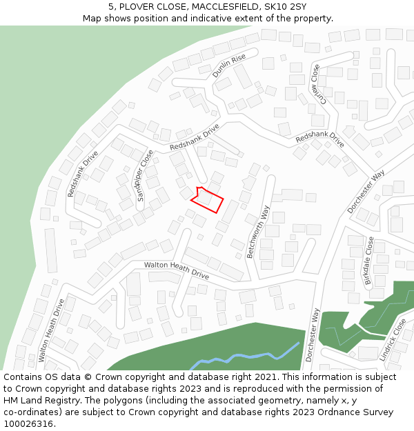 5, PLOVER CLOSE, MACCLESFIELD, SK10 2SY: Location map and indicative extent of plot