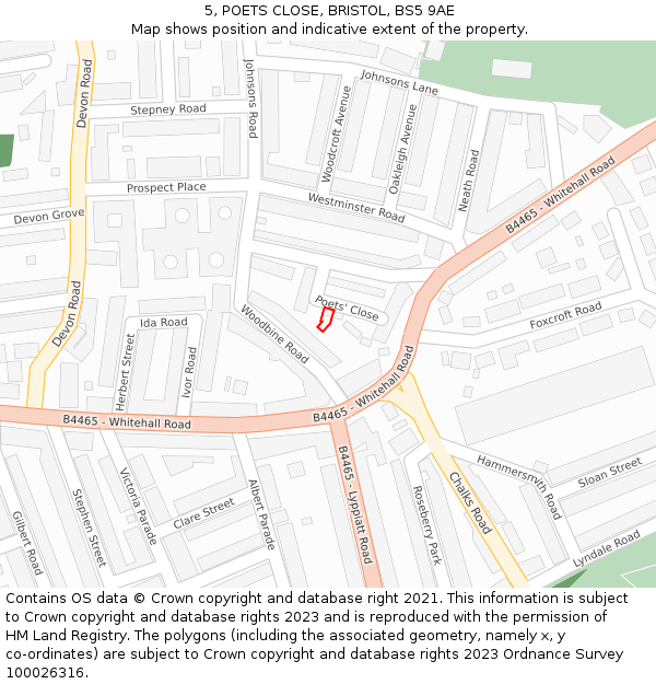 5, POETS CLOSE, BRISTOL, BS5 9AE: Location map and indicative extent of plot