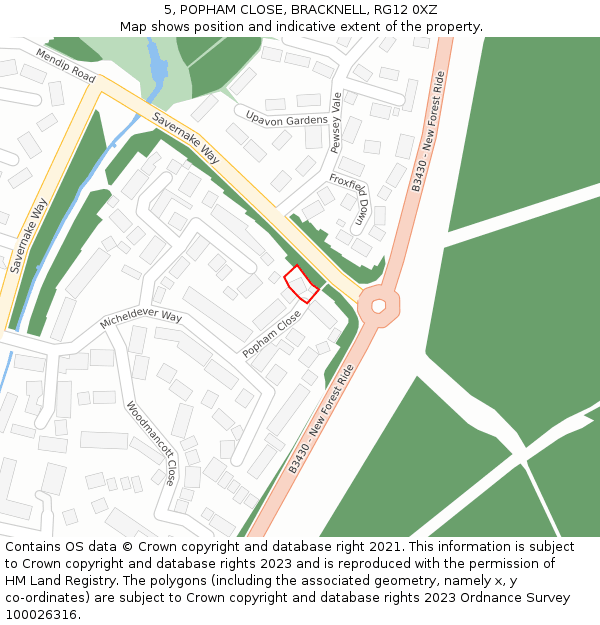 5, POPHAM CLOSE, BRACKNELL, RG12 0XZ: Location map and indicative extent of plot