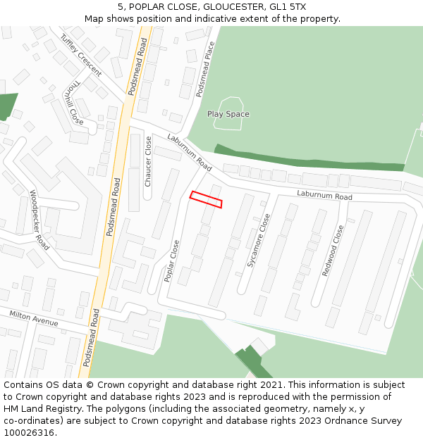 5, POPLAR CLOSE, GLOUCESTER, GL1 5TX: Location map and indicative extent of plot