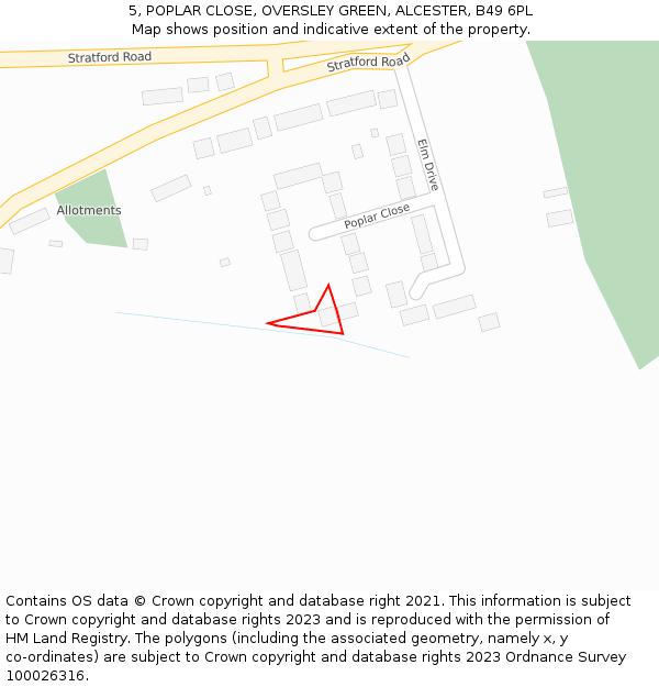 5, POPLAR CLOSE, OVERSLEY GREEN, ALCESTER, B49 6PL: Location map and indicative extent of plot