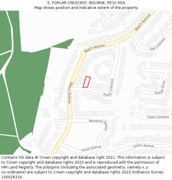 5, POPLAR CRESCENT, BOURNE, PE10 9SA: Location map and indicative extent of plot