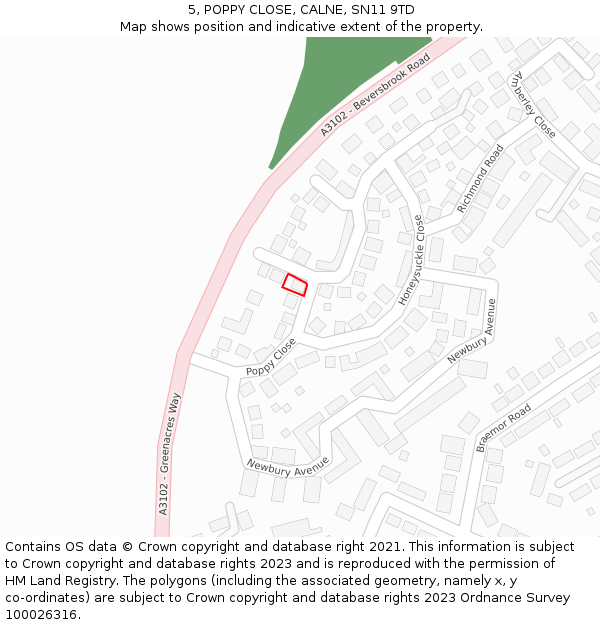 5, POPPY CLOSE, CALNE, SN11 9TD: Location map and indicative extent of plot