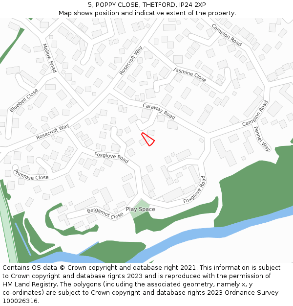 5, POPPY CLOSE, THETFORD, IP24 2XP: Location map and indicative extent of plot