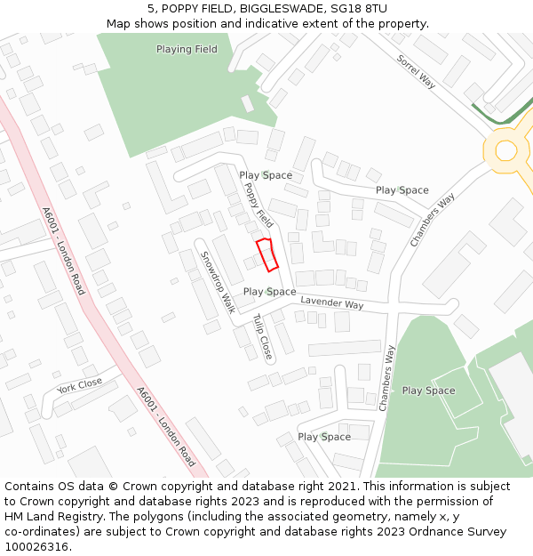 5, POPPY FIELD, BIGGLESWADE, SG18 8TU: Location map and indicative extent of plot